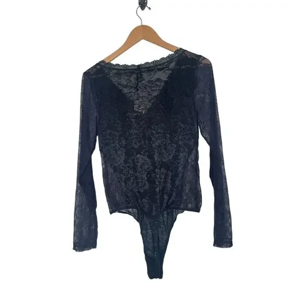 Anthropologie Long-Sleeve Sheer Lace Bodysuit Black Size XL NEW - Picture 4 of 9